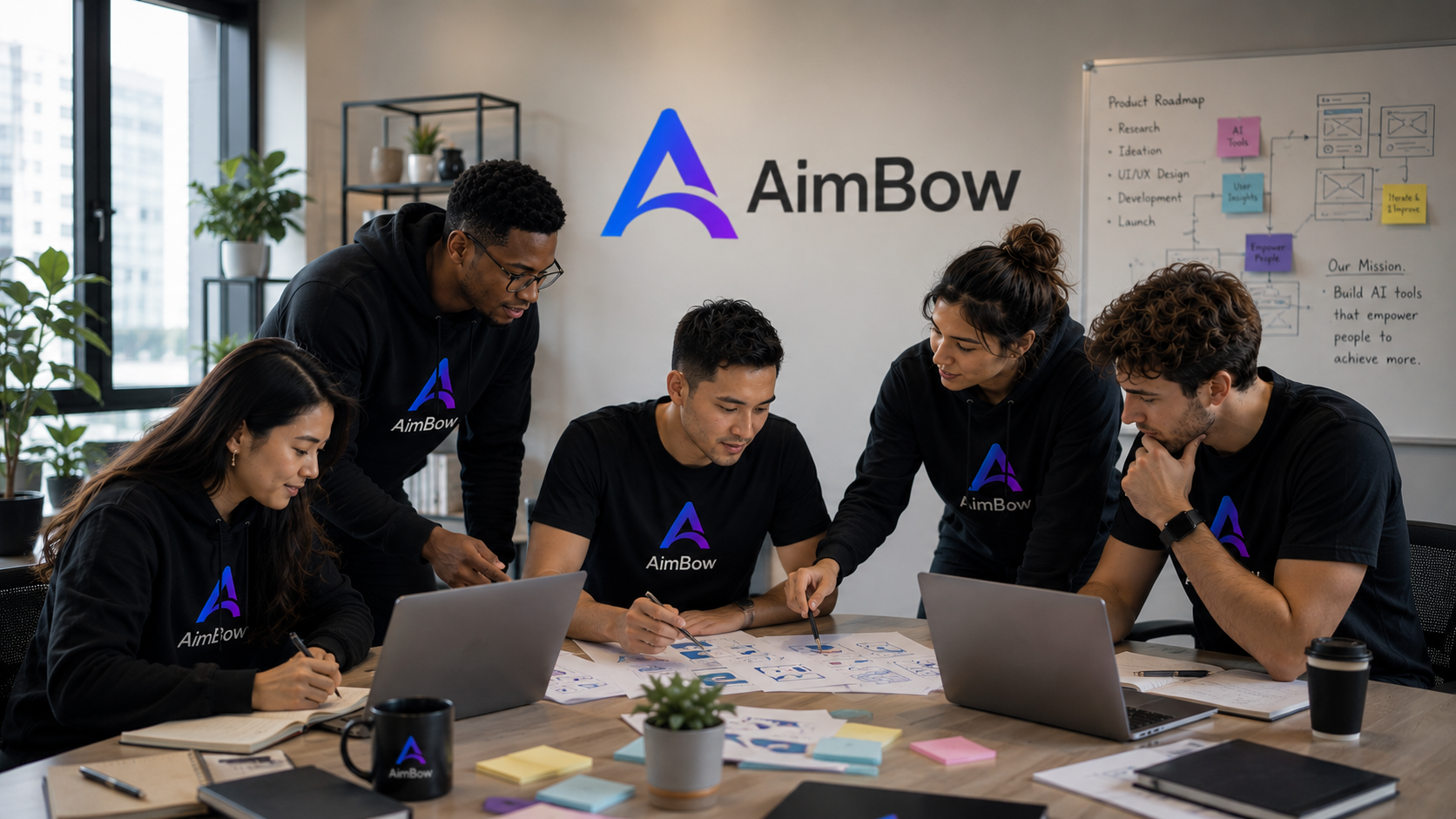 The AimBow team collaborating in their studio